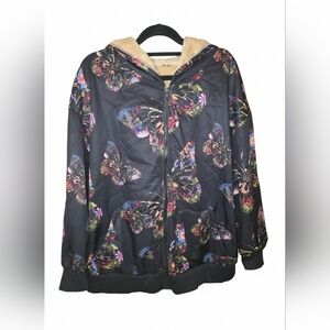 Floral Butterfly Print Faux Fur Lined with Hood Women's Jacket 4x